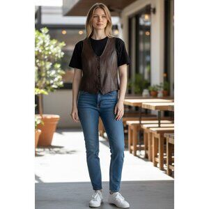 New York & Company Womens  Faux Leather Button-Up Vest  Brown Small